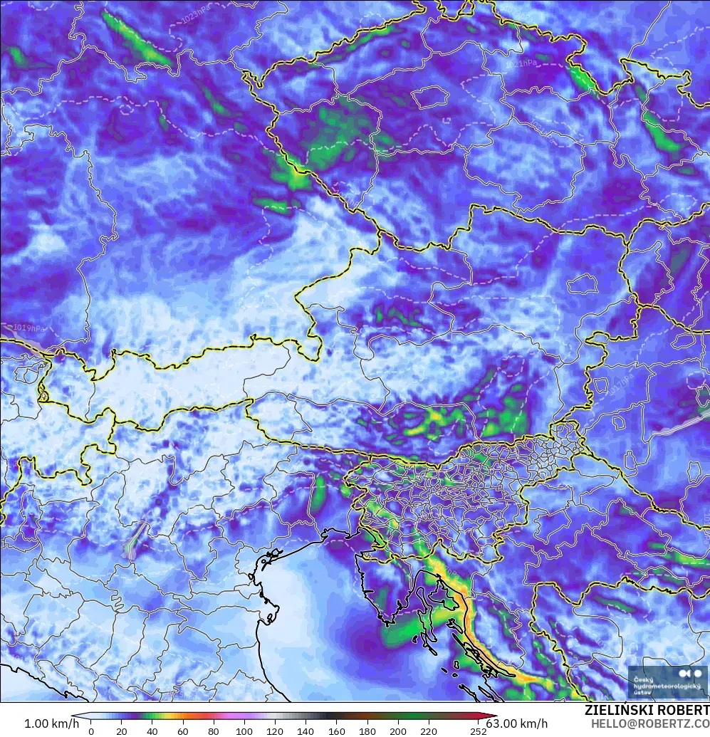 ALADIN CZ 2.3 km modelo - Austria, Ráfagas de Viento Máximas