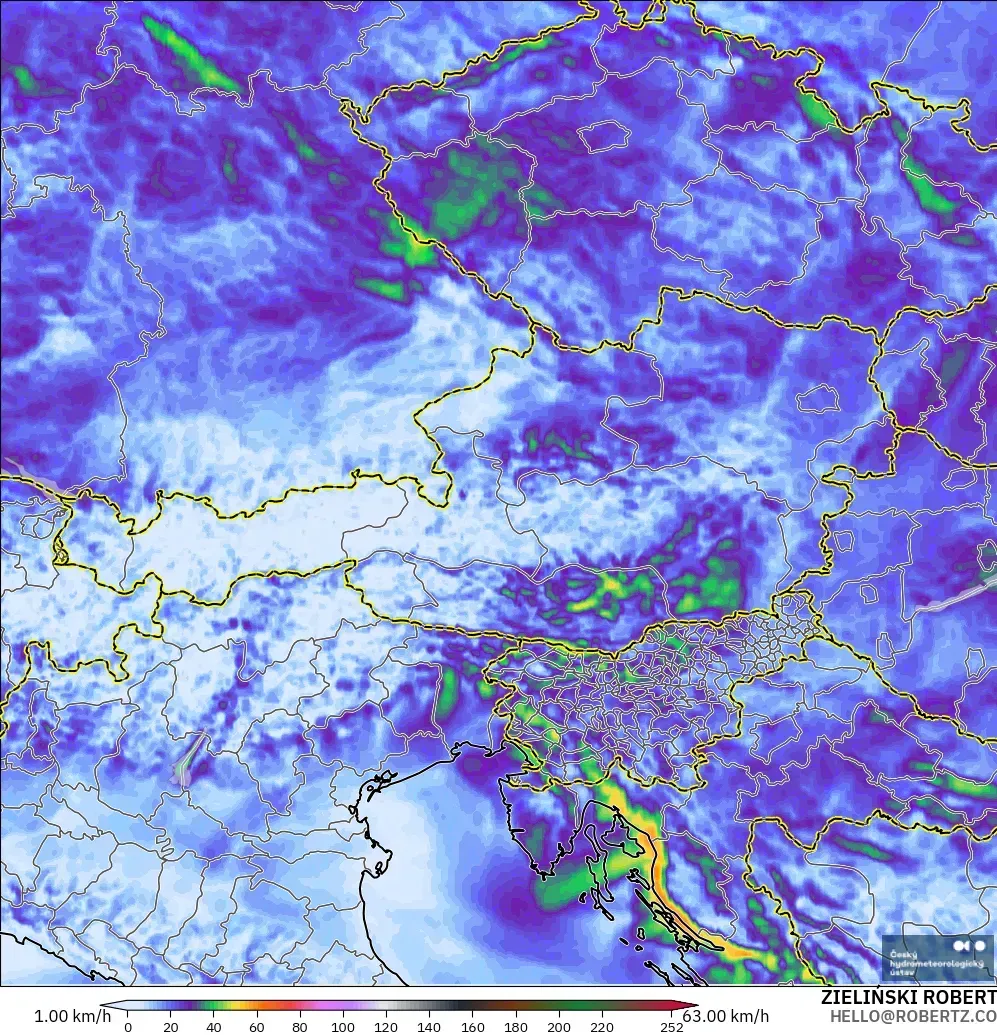 ALADIN CZ 2.3 km modelo - Austria, Ráfagas de viento
