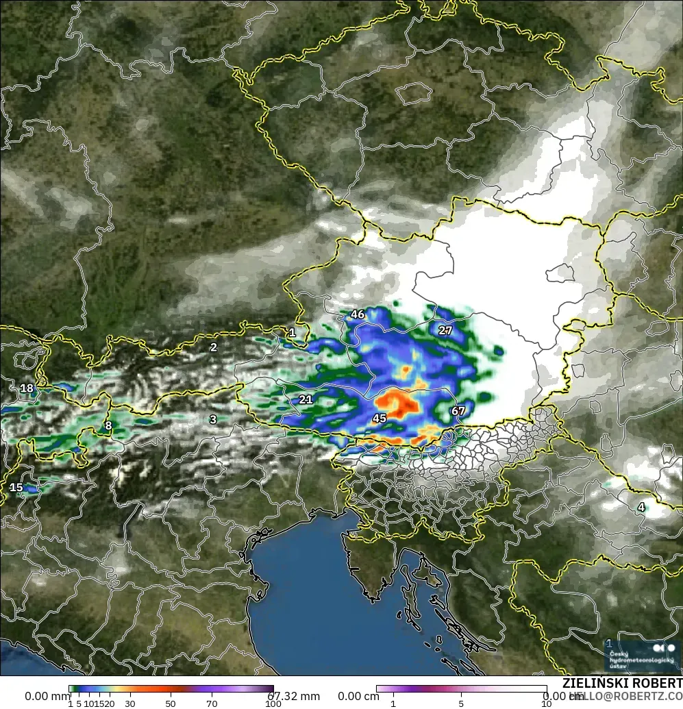 ALADIN CZ 2.3 km modelo - Austria, Precipitación, nubes y presión