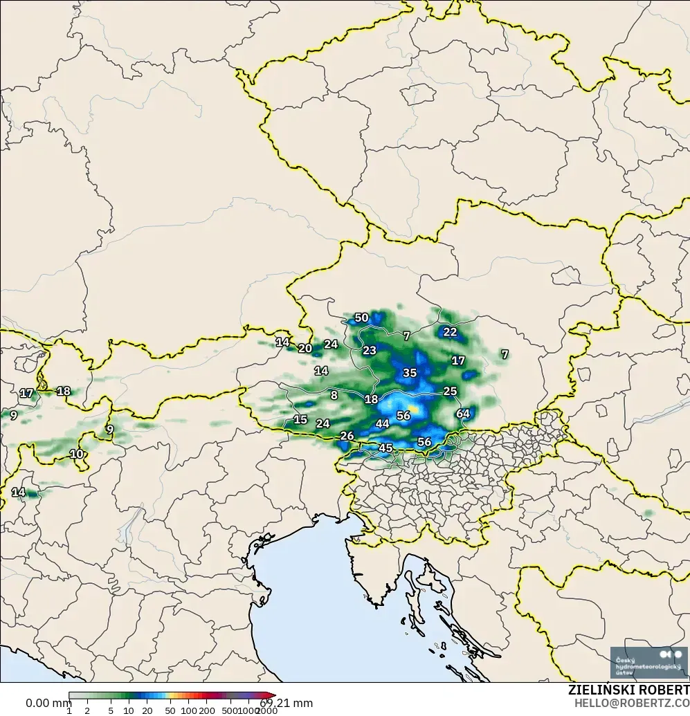 ALADIN CZ 2.3 km modelo - Austria, Acumulación de precipitación