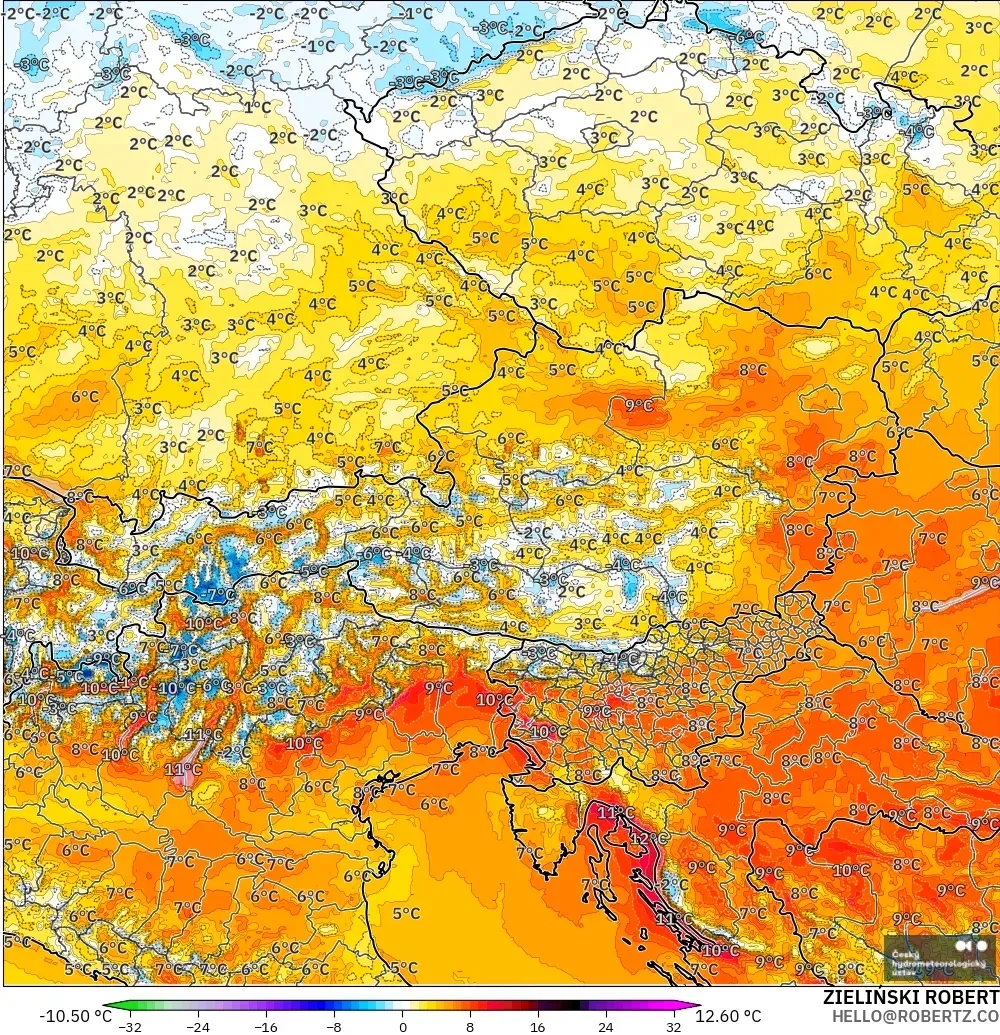 ALADIN CZ 2.3 km modelo - Austria, Anomalía de temperatura a 2 m