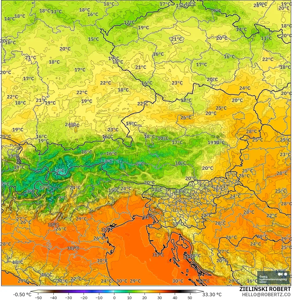 ALADIN CZ 2.3 km modelo - Austria, Temperatura a 2 m