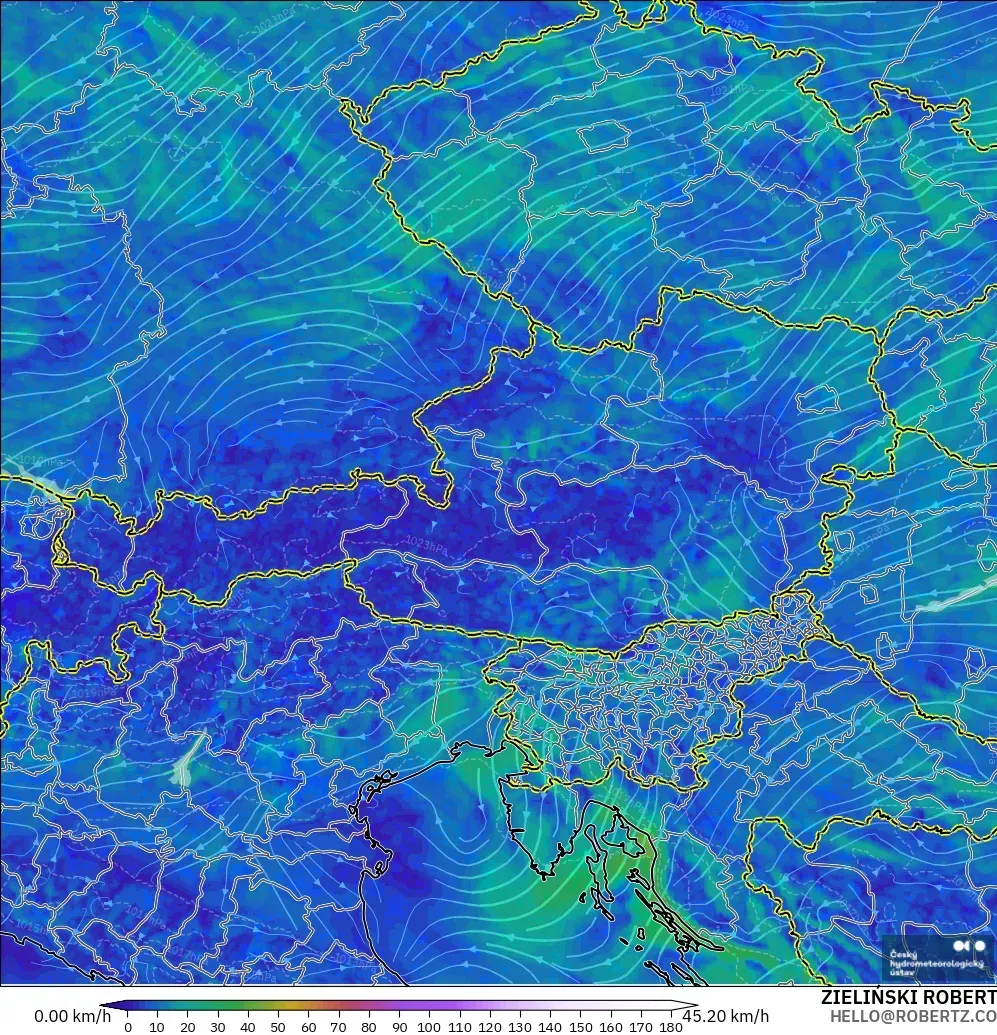 ALADIN CZ 2.3 km modelo - Austria, Viento a 10 m
