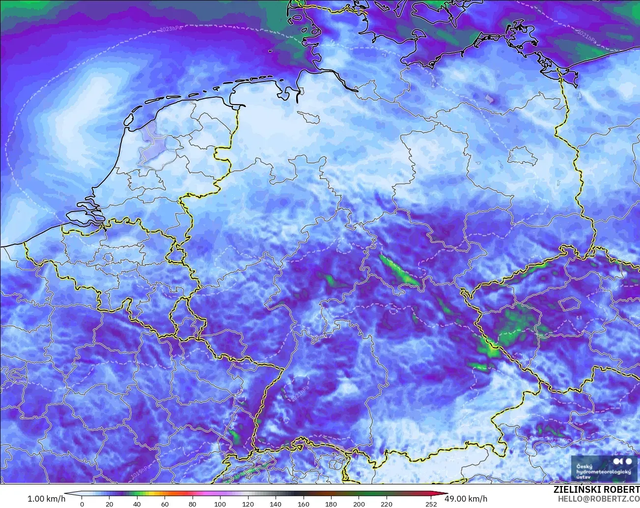 ALADIN CZ 2.3 km modelo - Alemania, Ráfagas de Viento Máximas