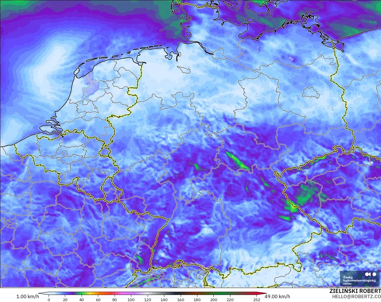 ALADIN CZ 2.3 km modelo - Alemania, Ráfagas de viento