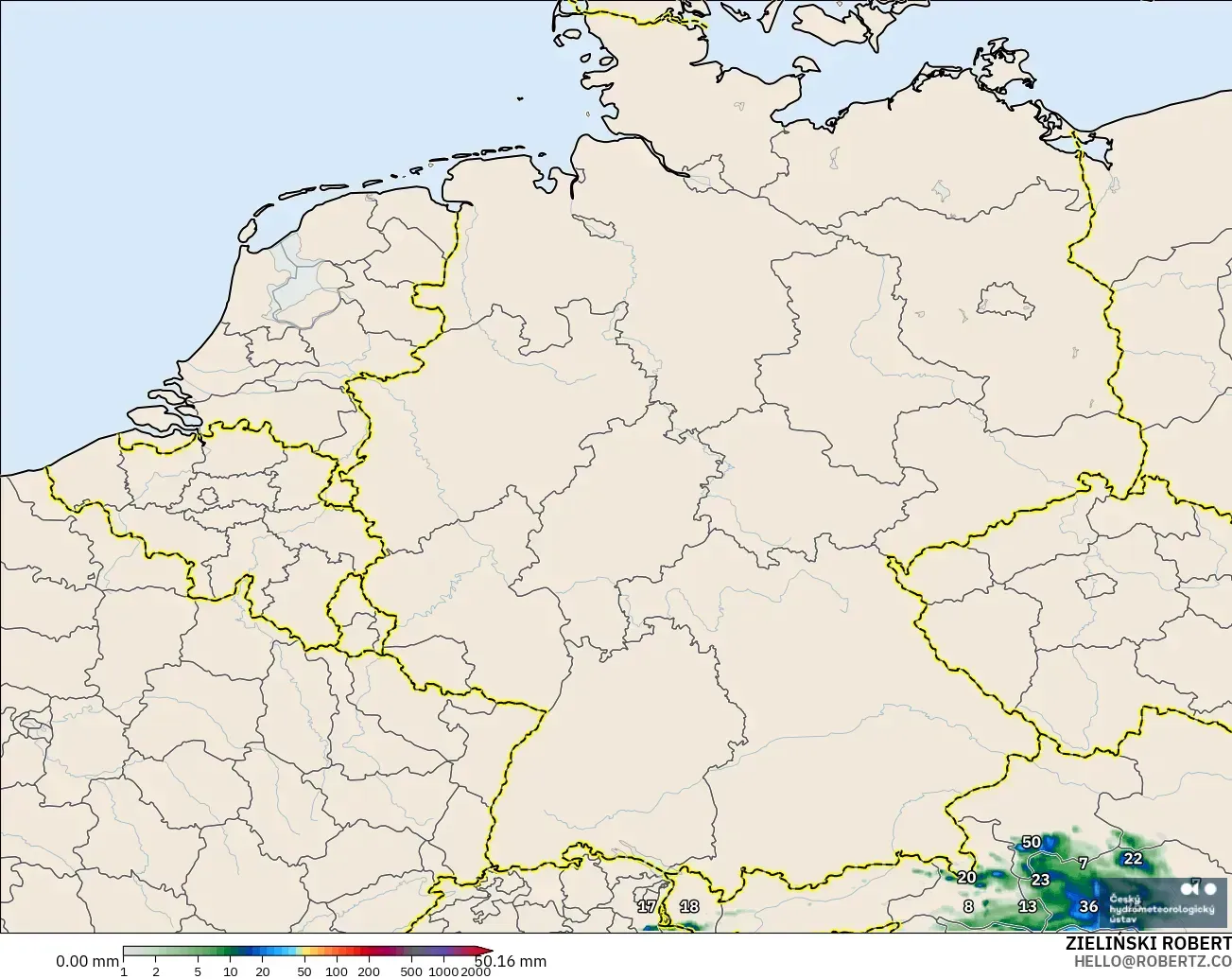 ALADIN CZ 2.3 km modelo - Alemania, Acumulación de precipitación