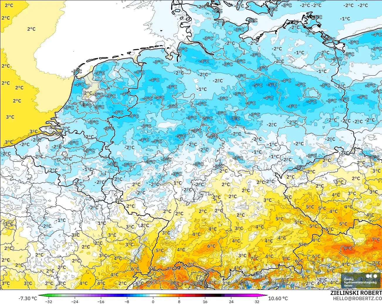 ALADIN CZ 2.3 km modelo - Alemania, Anomalía de temperatura a 2 m