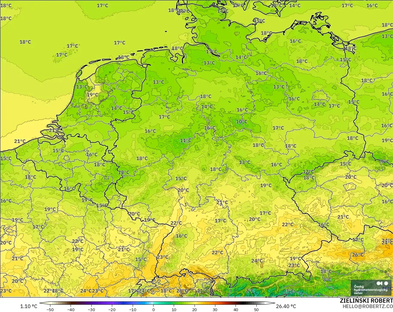 ALADIN CZ 2.3 km modelo - Alemania, Temperatura a 2 m