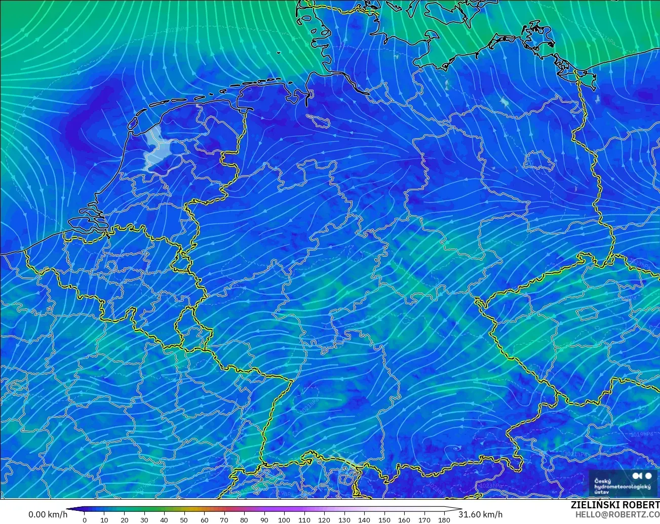 ALADIN CZ 2.3 km modelo - Alemania, Viento a 10 m