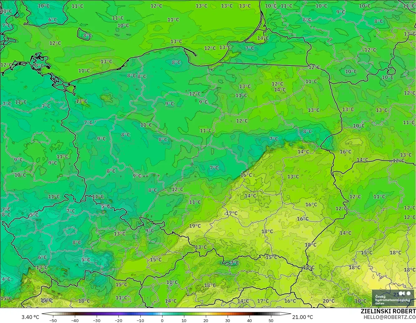 ALADIN CZ 2.3 km modelo - Polonia, Punto de rocío a 2 m