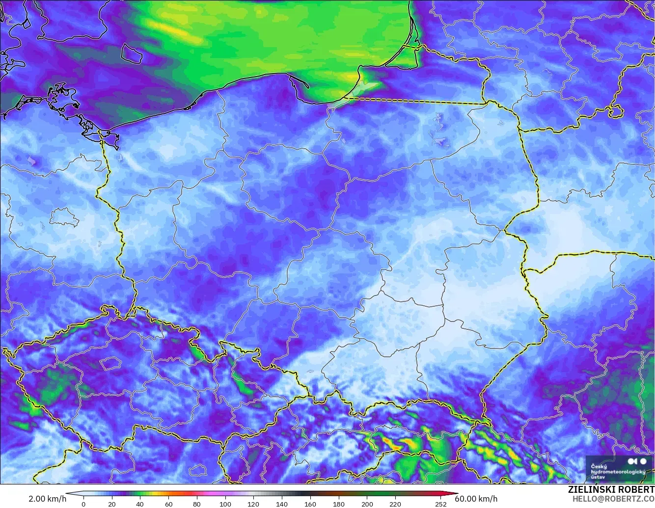ALADIN CZ 2.3 km modelo - Polonia, Ráfagas de viento