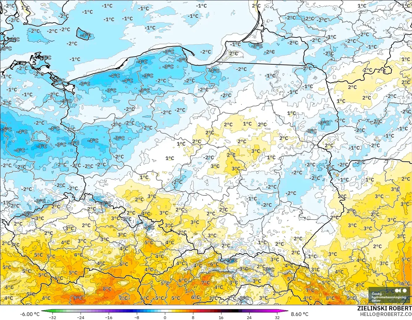 ALADIN CZ 2.3 km modelo - Polonia, Anomalía de temperatura a 2 m