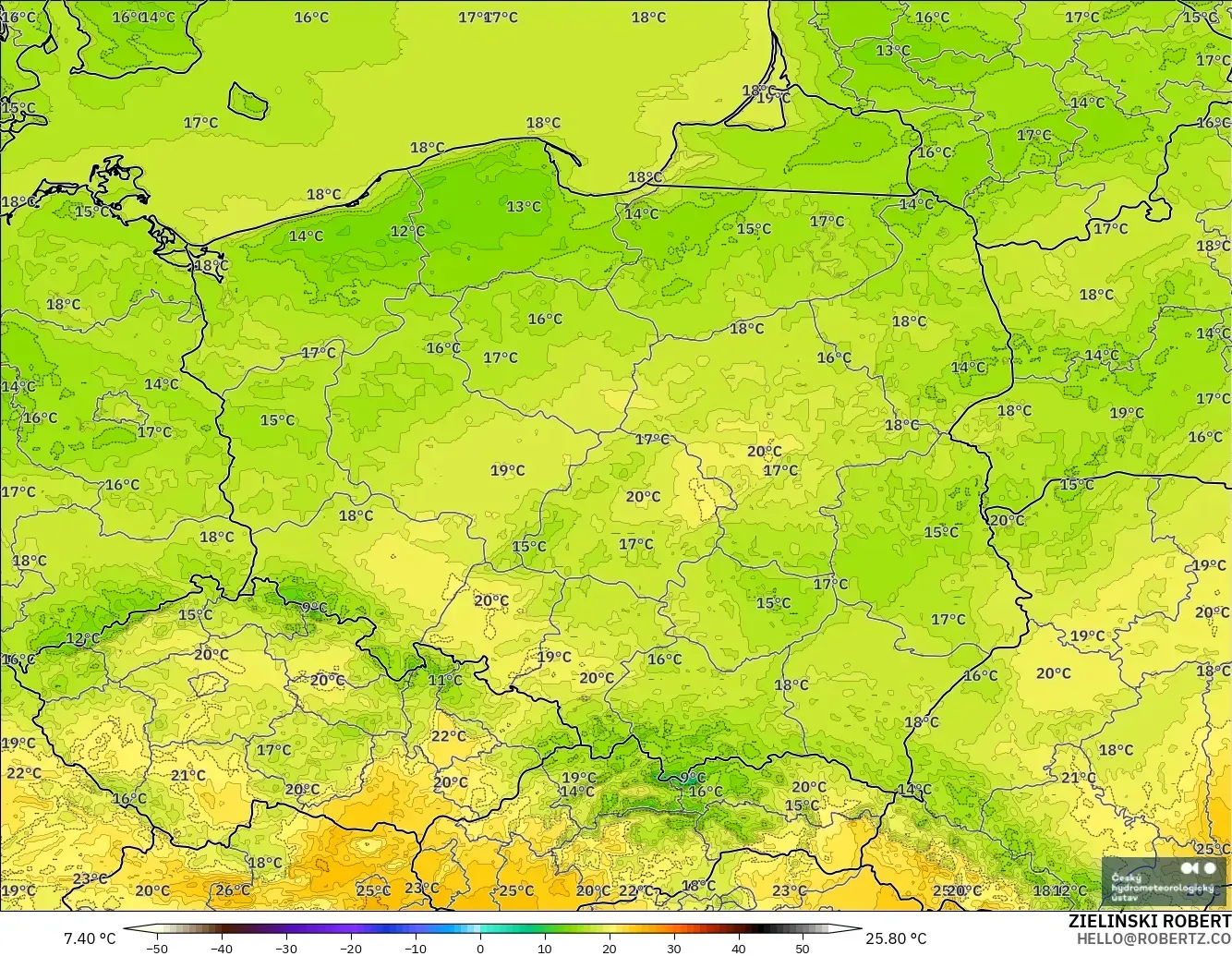 ALADIN CZ 2.3 km modelo - Polonia, Temperatura a 2 m