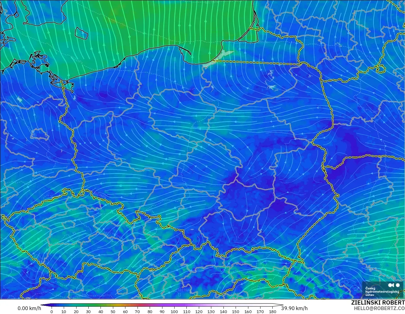 ALADIN CZ 2.3 km modelo - Polonia, Viento a 10 m