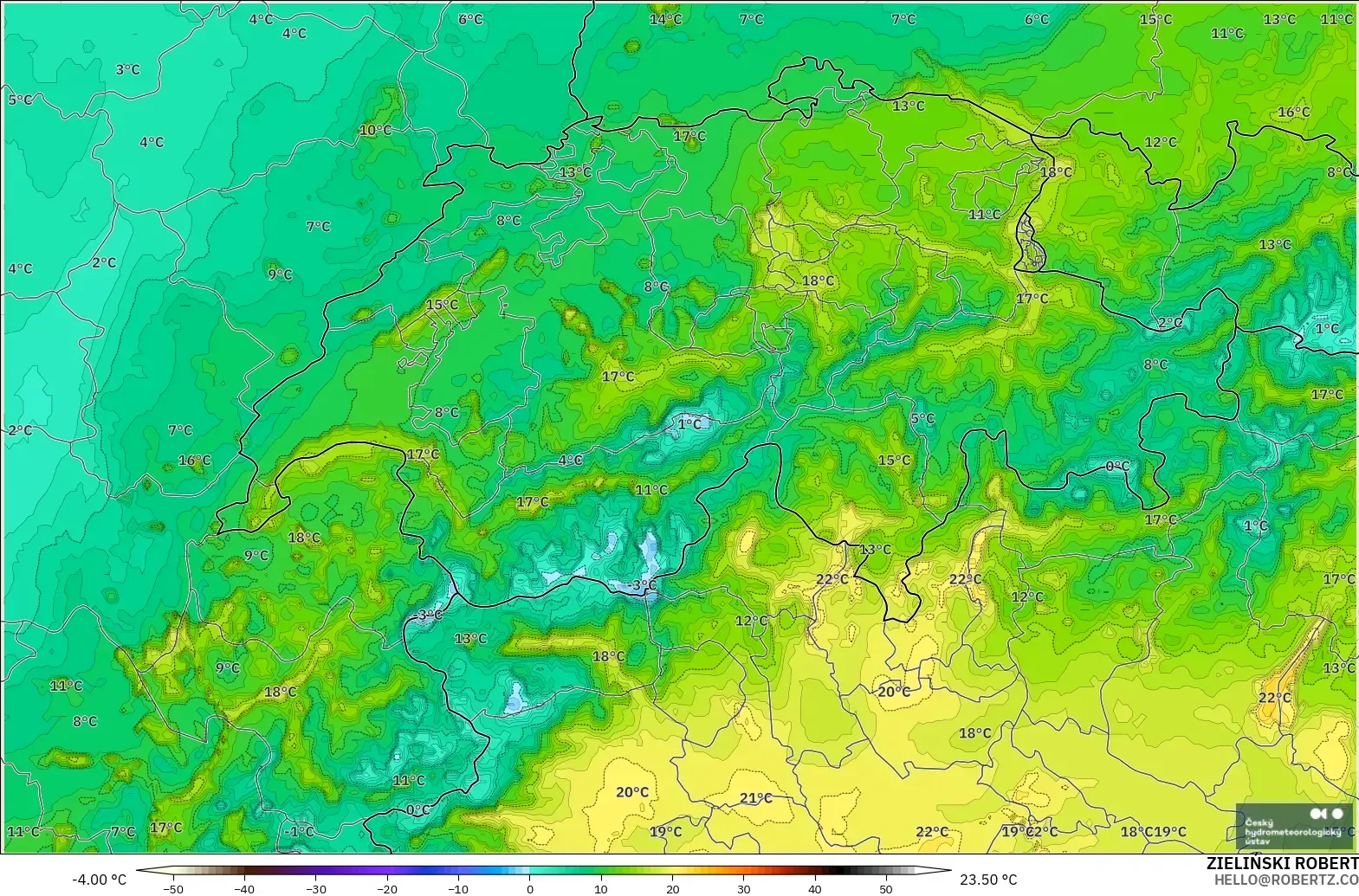 ALADIN CZ 2.3 km modelo - Suiza, Punto de rocío a 2 m