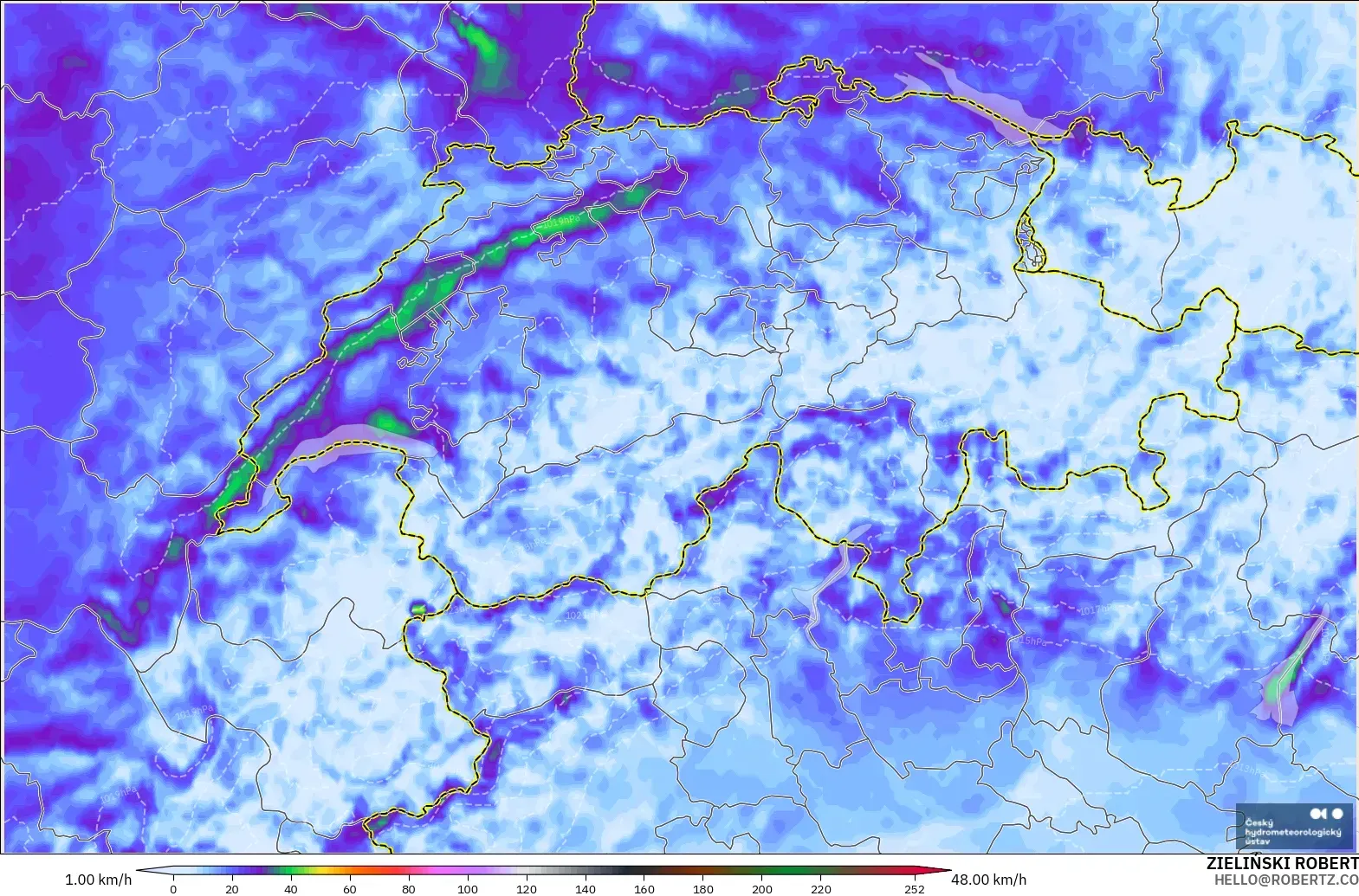 ALADIN CZ 2.3 km modelo - Suiza, Ráfagas de Viento Máximas