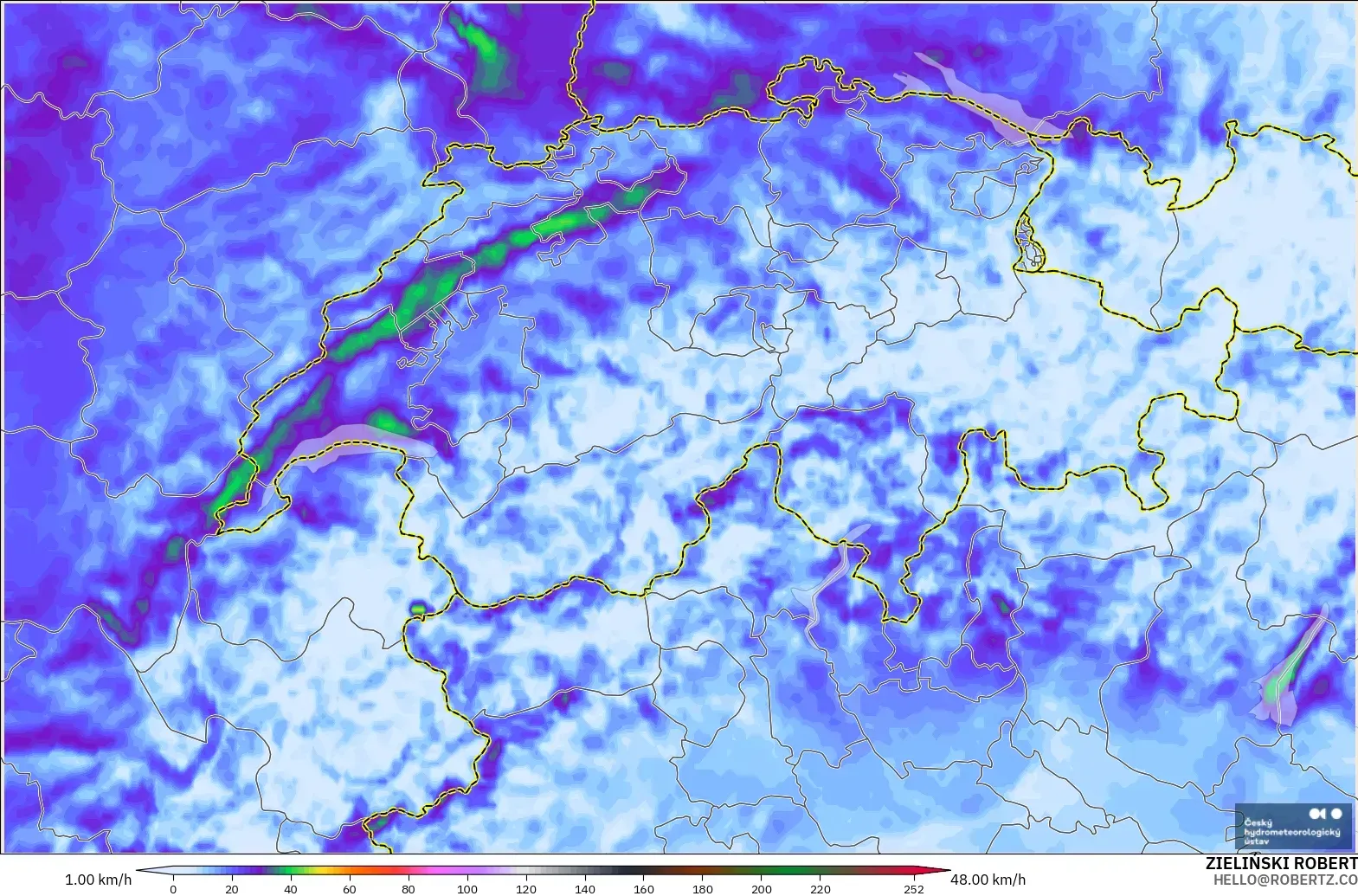 ALADIN CZ 2.3 km modelo - Suiza, Ráfagas de viento