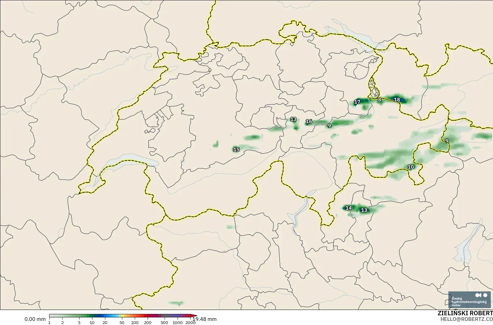 ALADIN CZ 2.3 km modelo - Suiza, Acumulación de precipitación