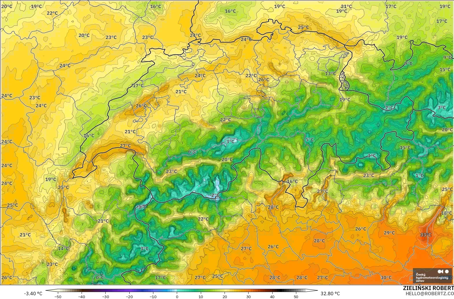ALADIN CZ 2.3 km modelo - Suiza, Temperatura a 2 m
