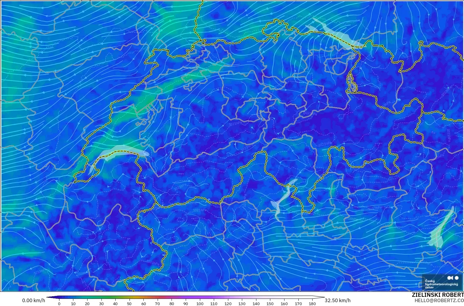 ALADIN CZ 2.3 km modelo - Suiza, Viento a 10 m