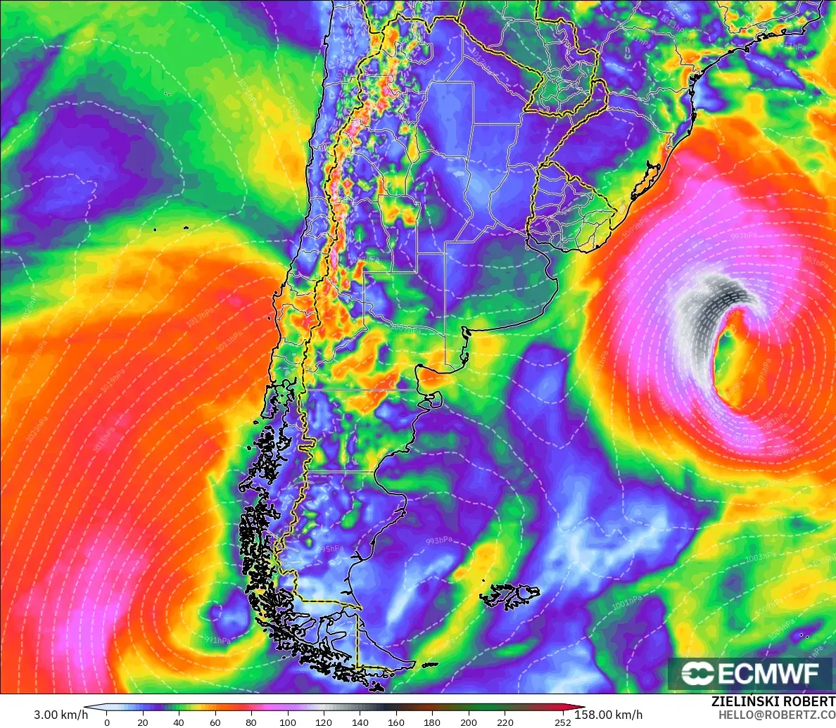 ECMWF IFS 0.25° modelo - Argentina, Ráfagas de Viento Máximas
