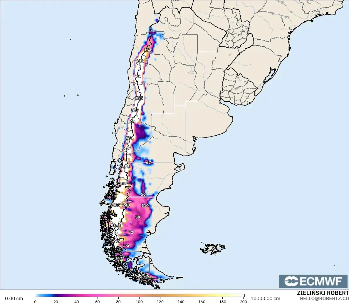 ECMWF IFS 0.25° modelo - Argentina, Profundidad de nieve