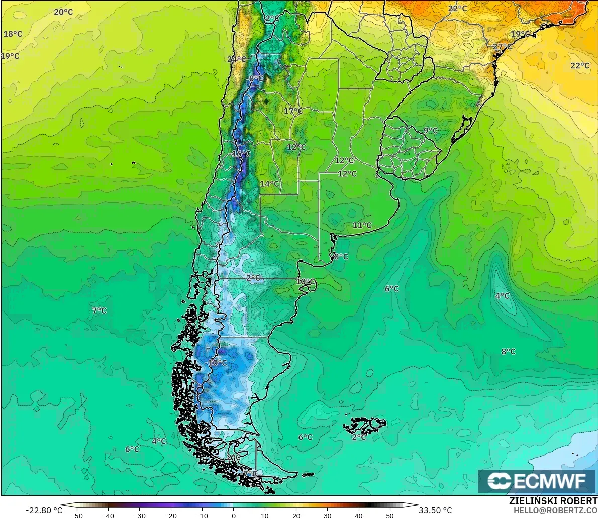 ECMWF IFS 0.25° modelo - Argentina, Temperatura a 2 m