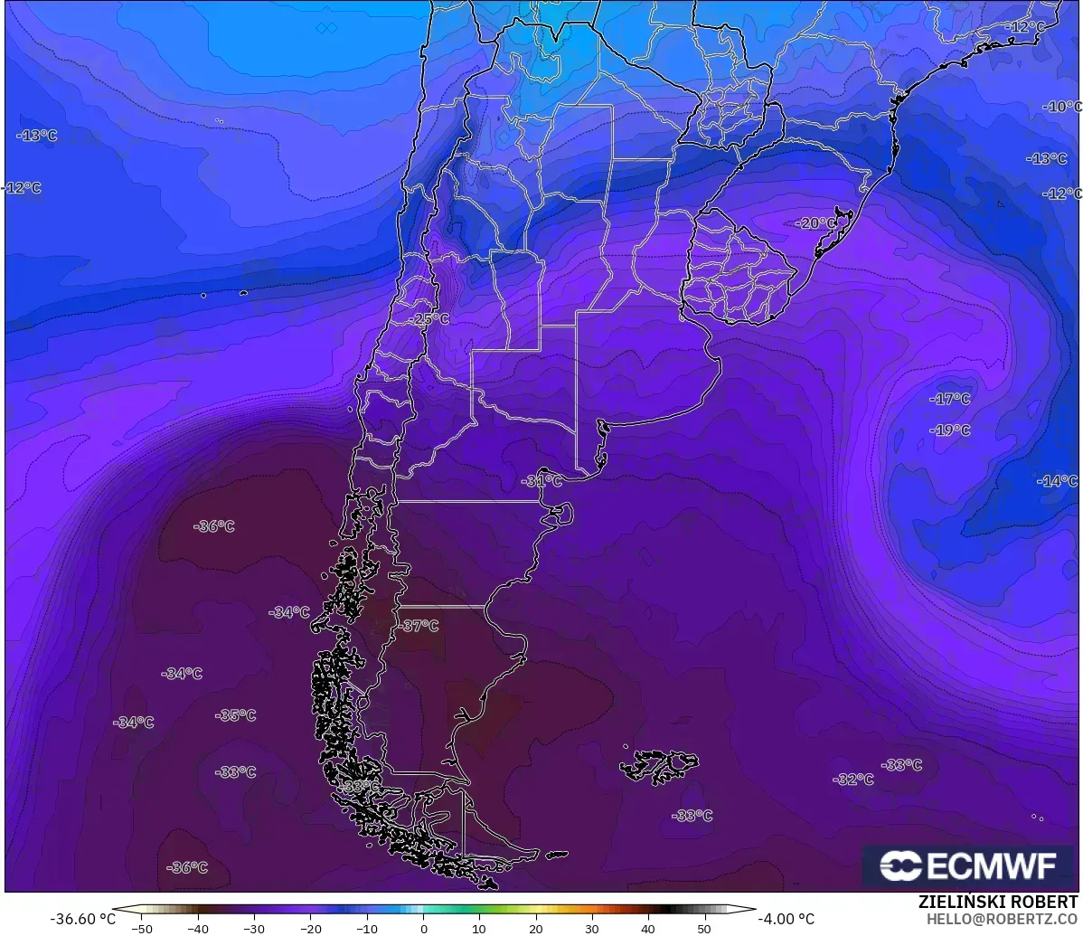 ECMWF IFS 0.25° modelo - Argentina, Temperatura a 500 hPa