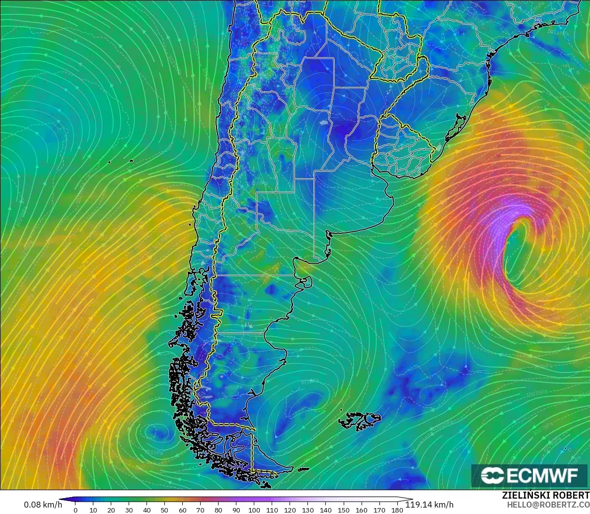 ECMWF IFS 0.25° modelo - Argentina, Viento a 10 m
