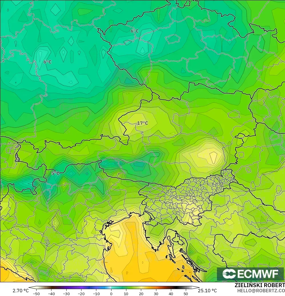 ECMWF IFS 0.25° modelo - Austria, Punto de rocío a 2 m