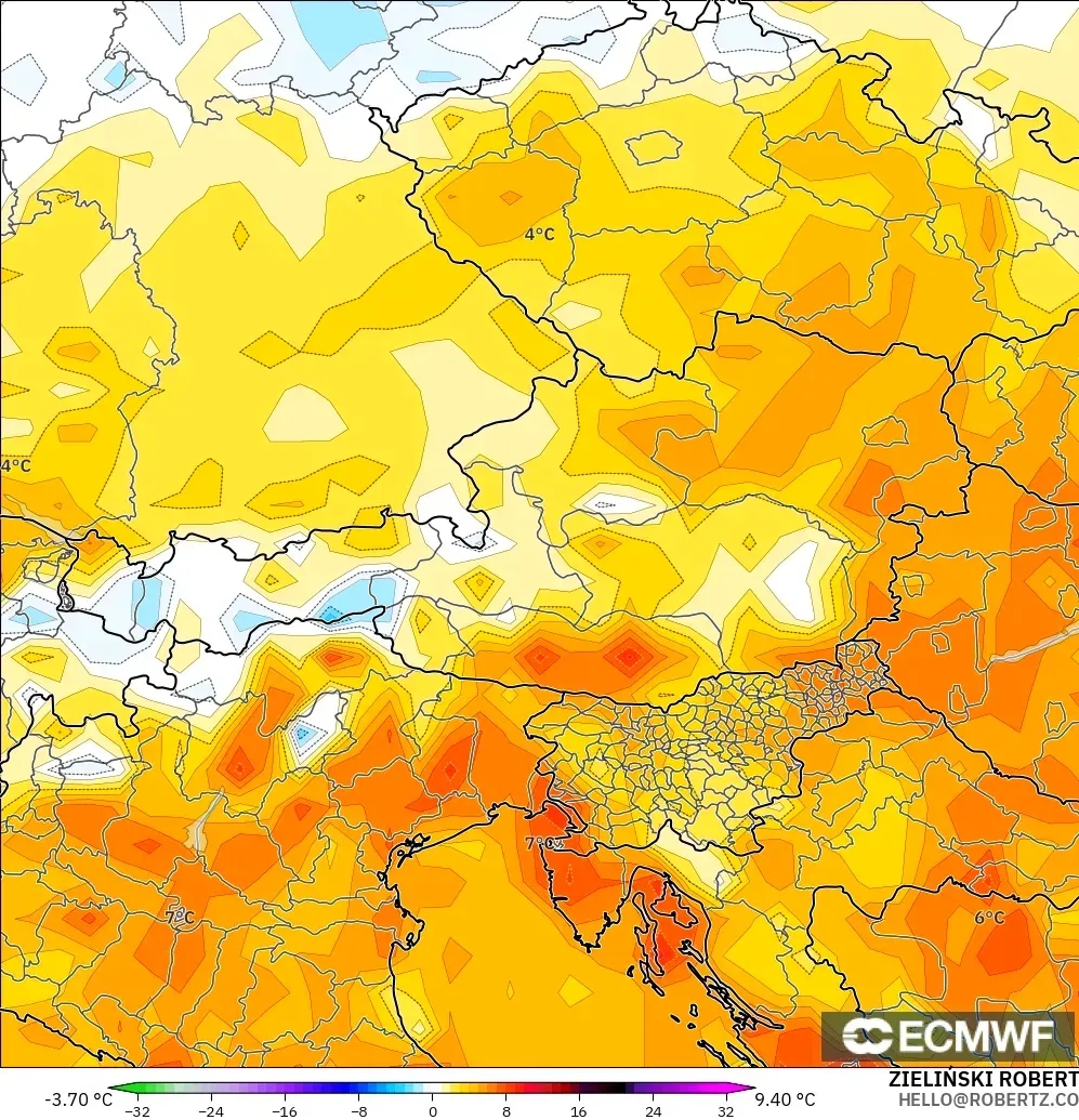 ECMWF IFS 0.25° modelo - Austria, Anomalía de temperatura a 2 m