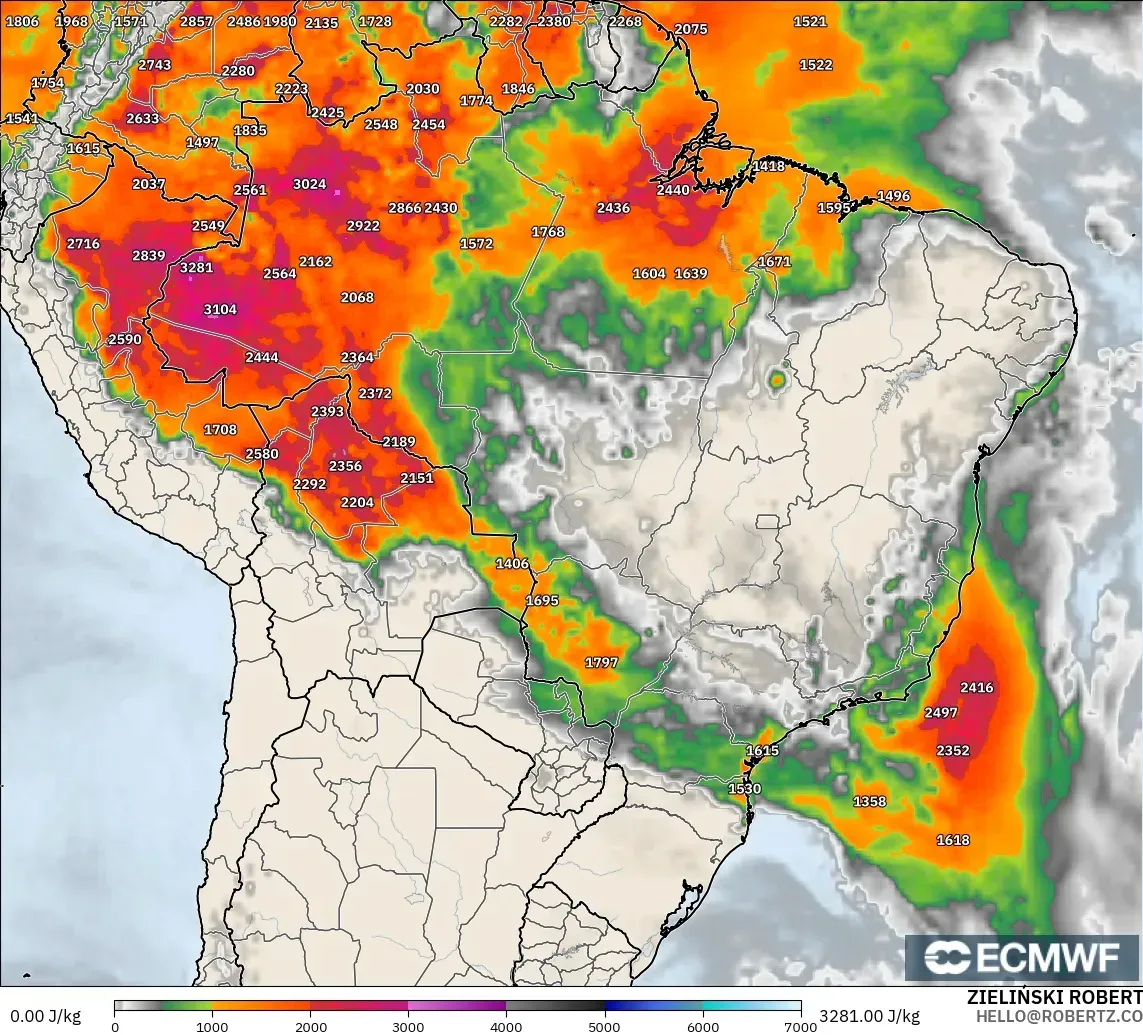 ECMWF IFS 0.25° modelo - Brasil, CAPE