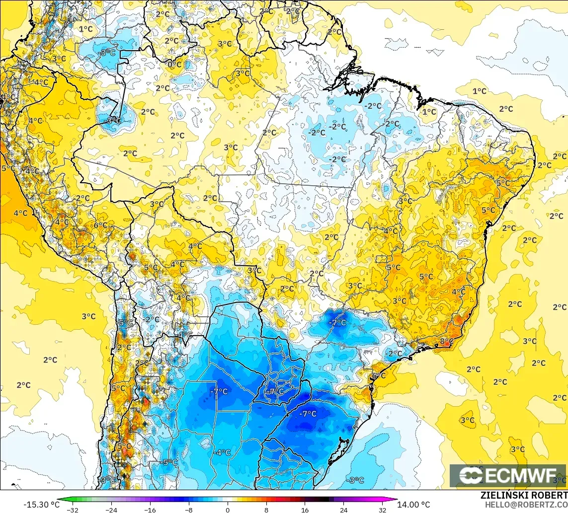 ECMWF IFS 0.25° modelo - Brasil, Anomalía de temperatura a 2 m