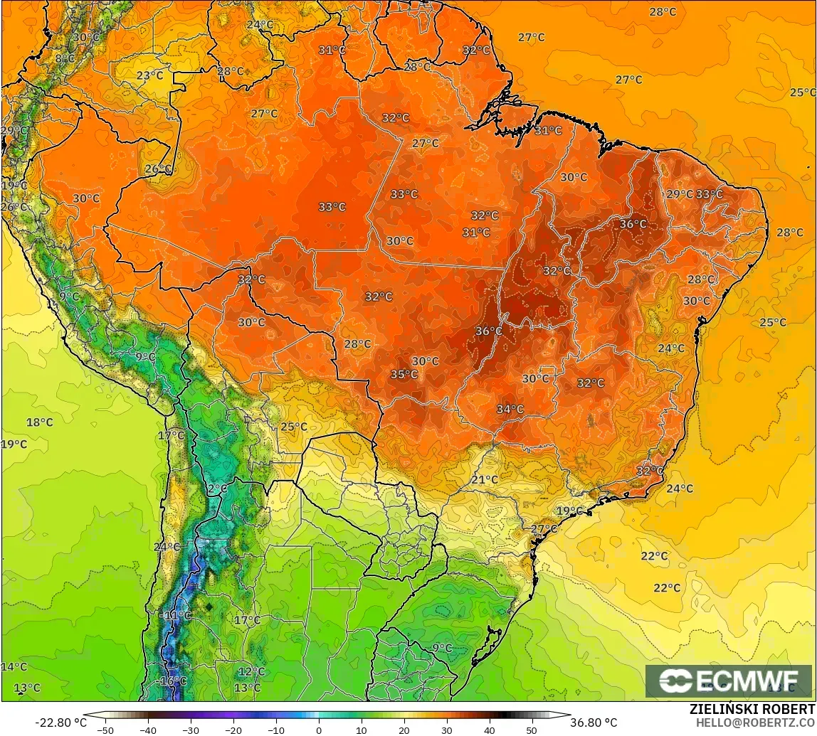 ECMWF IFS 0.25° modelo - Brasil, Temperatura a 2 m