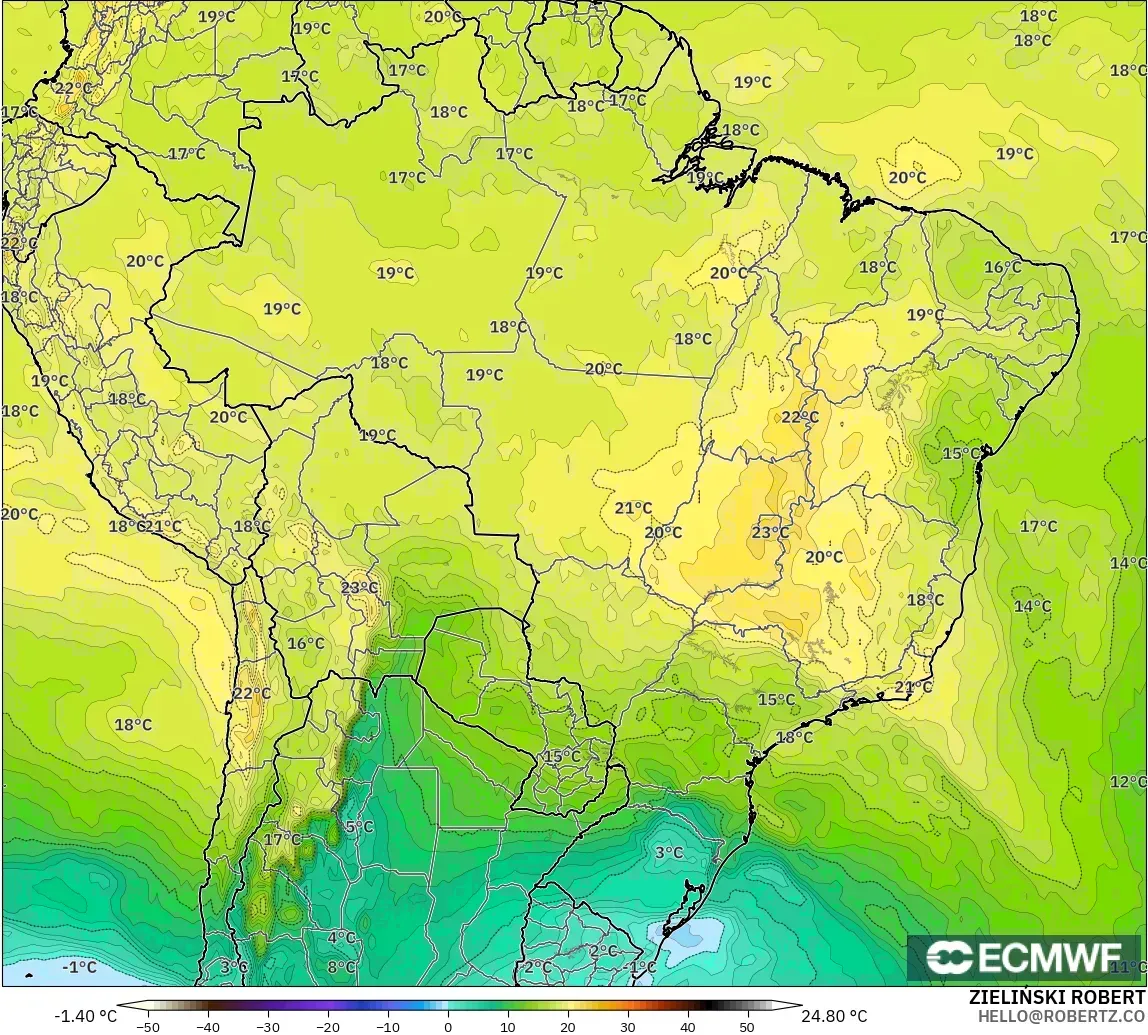ECMWF IFS 0.25° modelo - Brasil, Temperatura a 850 hPa