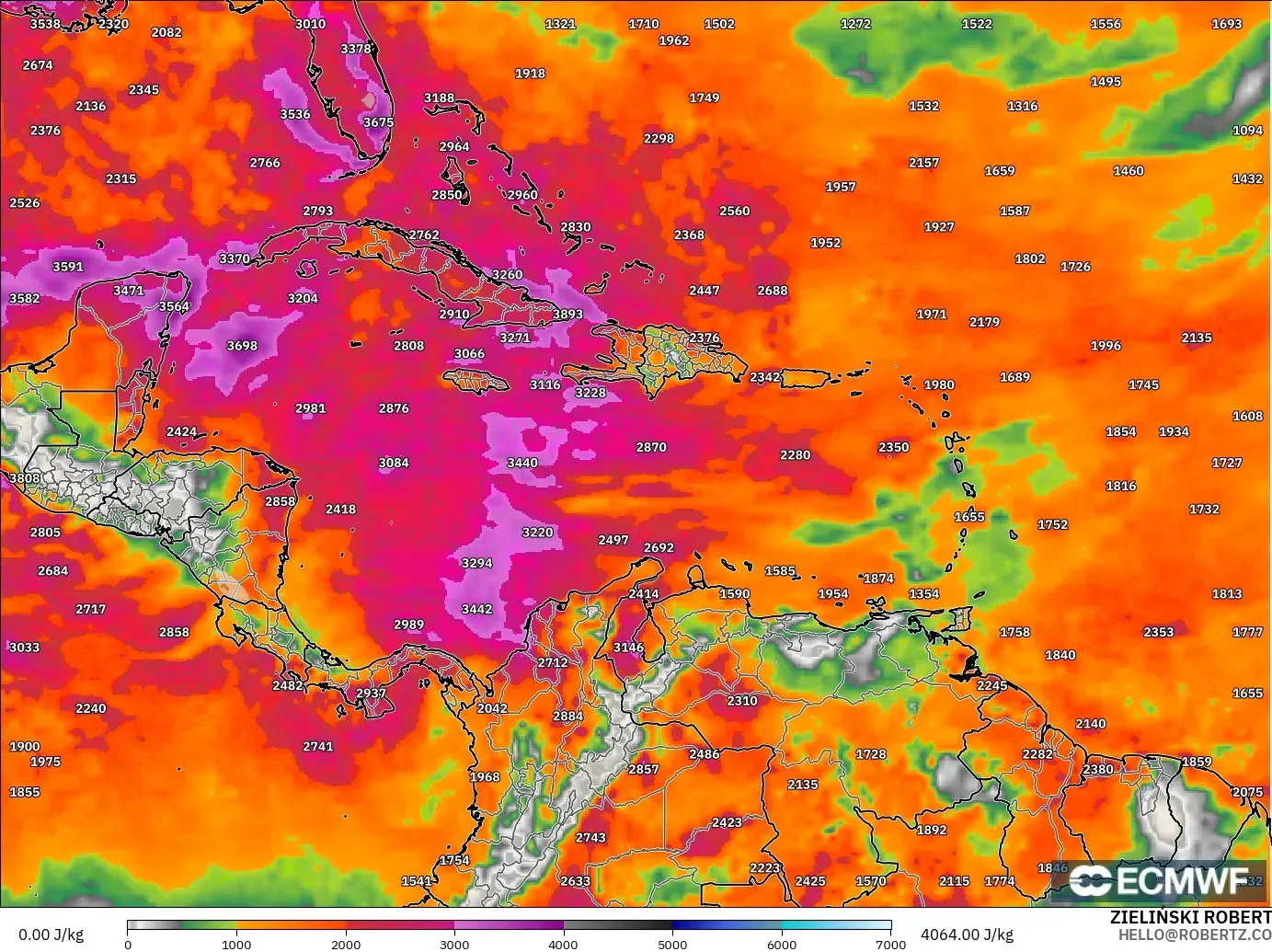 ECMWF IFS 0.25° modelo - Caribe, CAPE