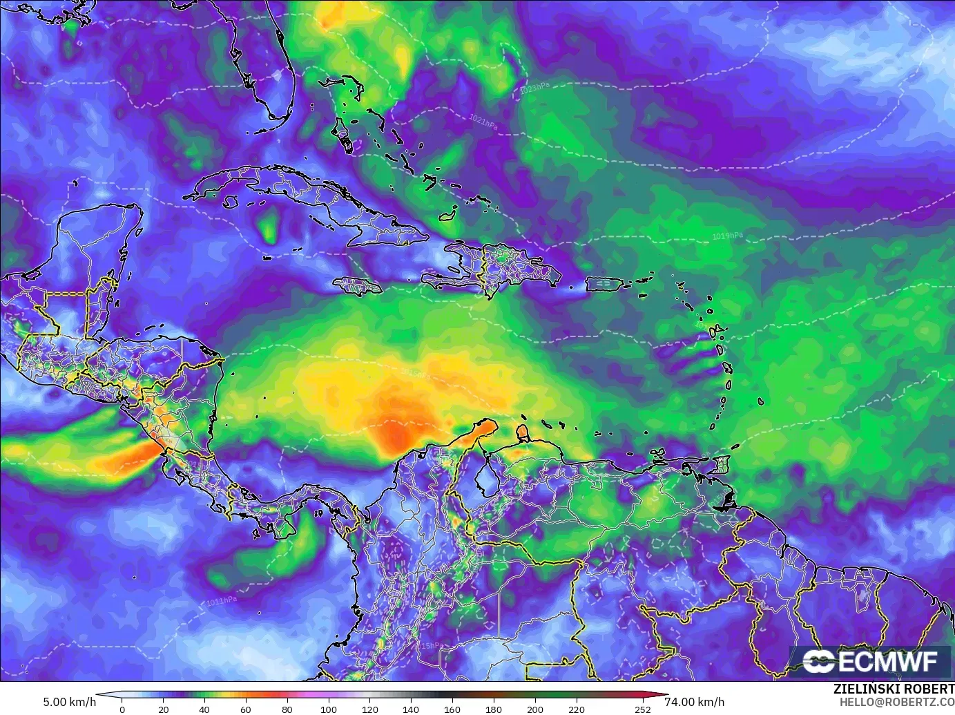ECMWF IFS 0.25° modelo - Caribe, Ráfagas de viento