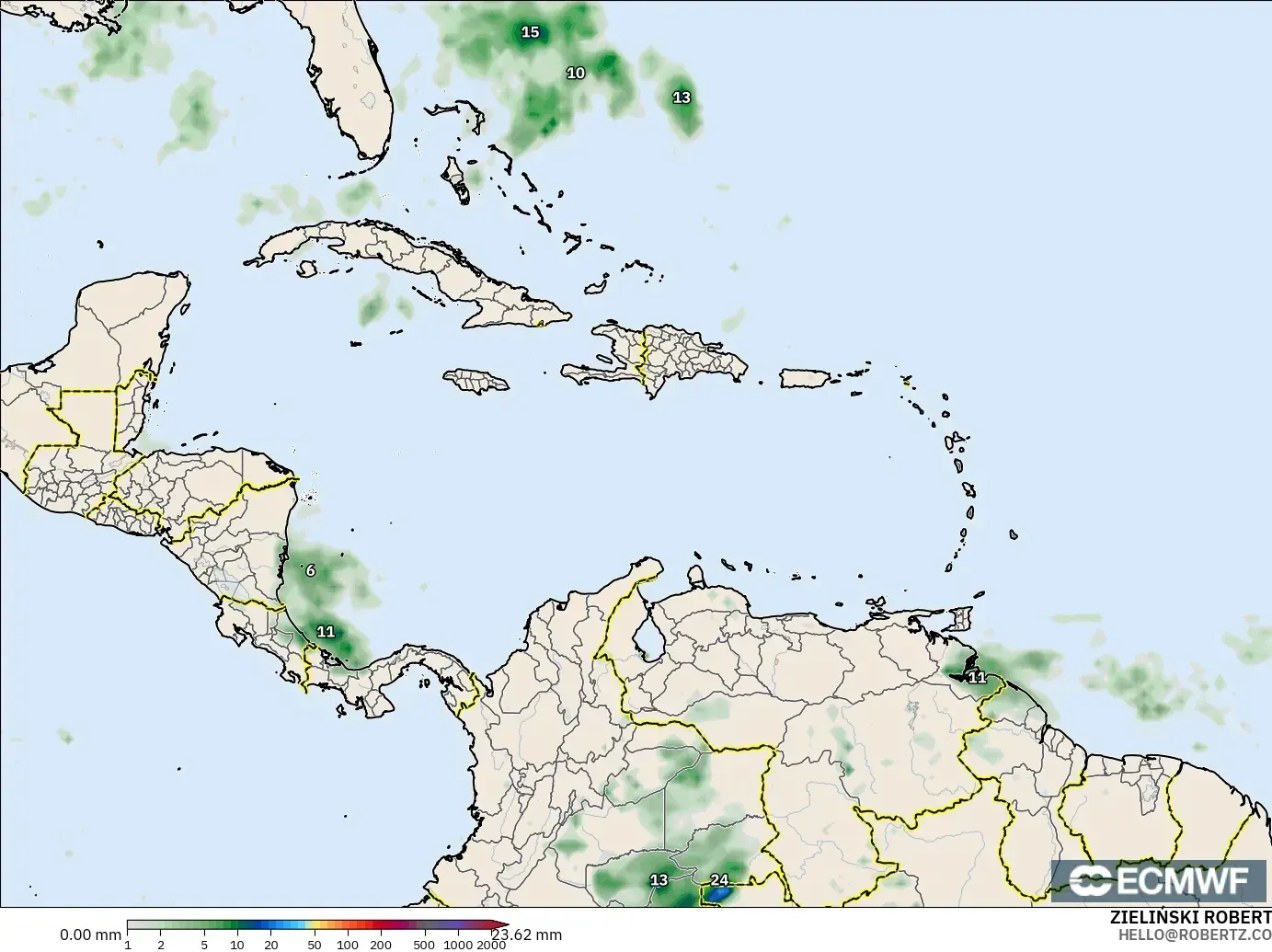 ECMWF IFS 0.25° modelo - Caribe, Acumulación de precipitación
