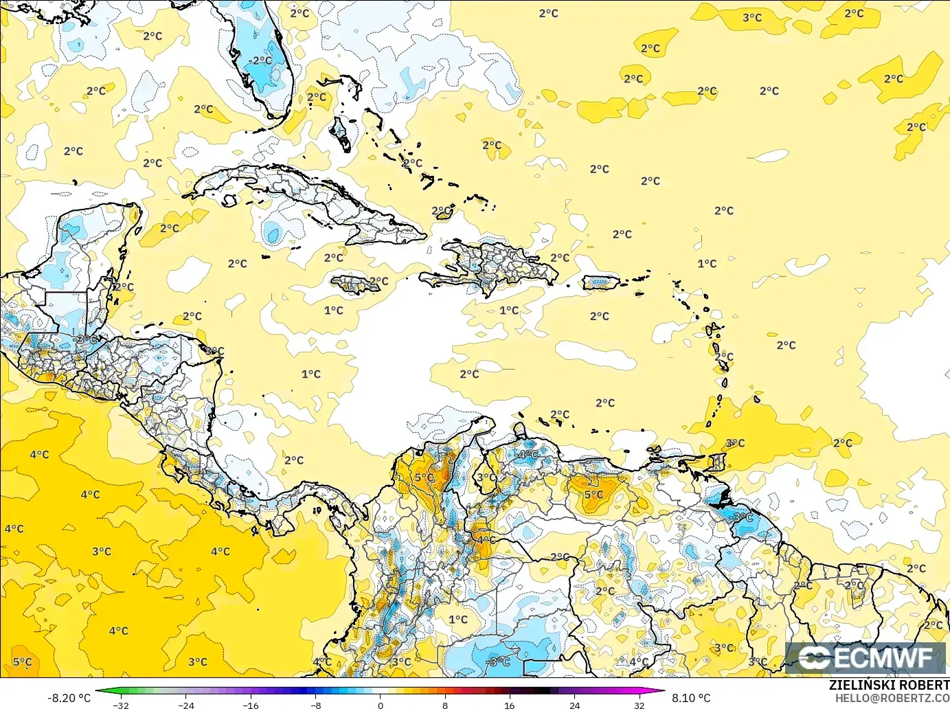 ECMWF IFS 0.25° modelo - Caribe, Anomalía de temperatura a 2 m