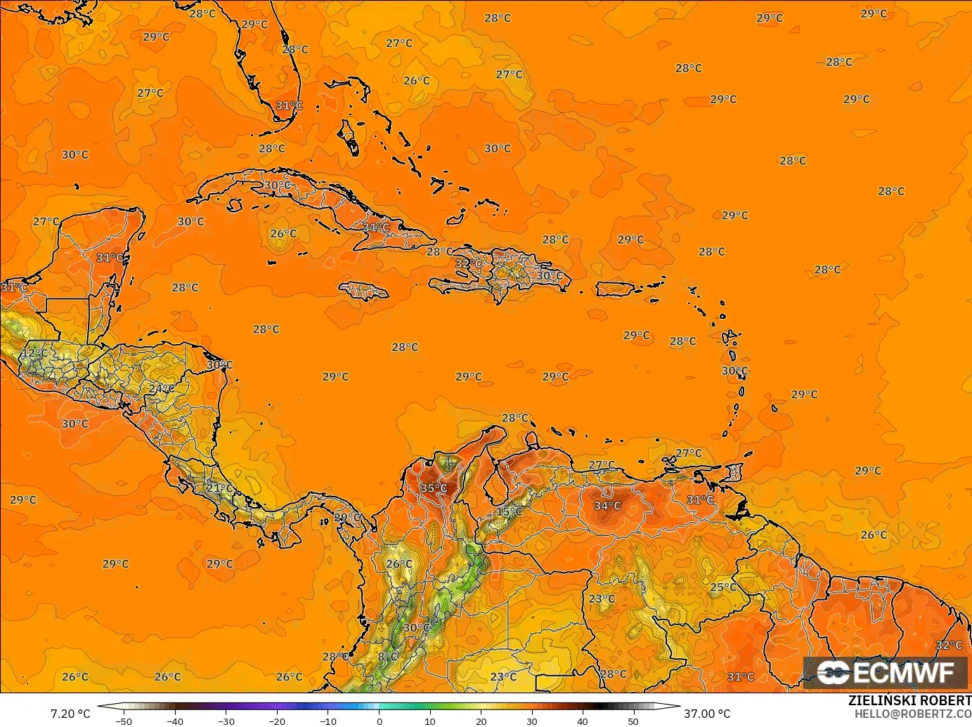 ECMWF IFS 0.25° modelo - Caribe, Temperatura a 2 m