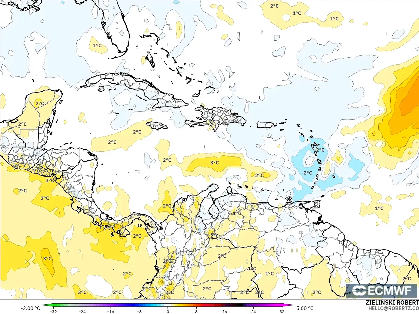 ECMWF IFS 0.25° modelo - Caribe, Anomalía de temperatura a 850 hPa