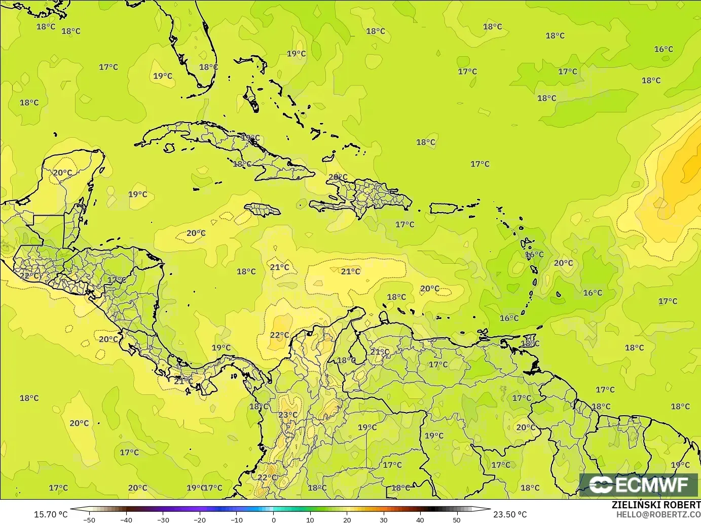 ECMWF IFS 0.25° modelo - Caribe, Temperatura a 850 hPa