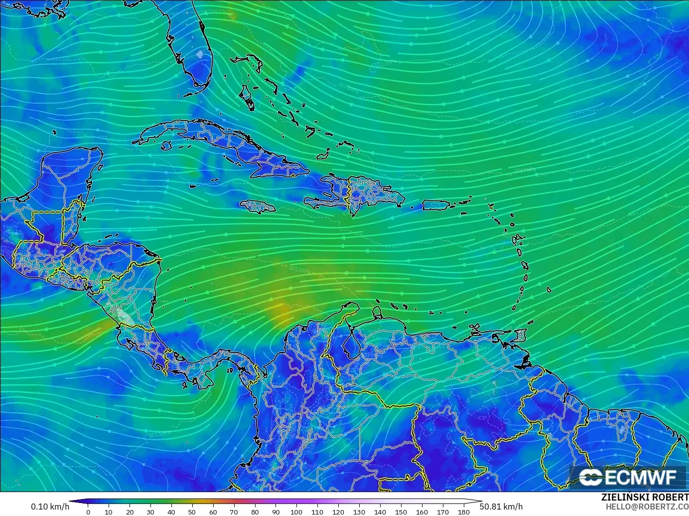 ECMWF IFS 0.25° modelo - Caribe, Viento a 10 m