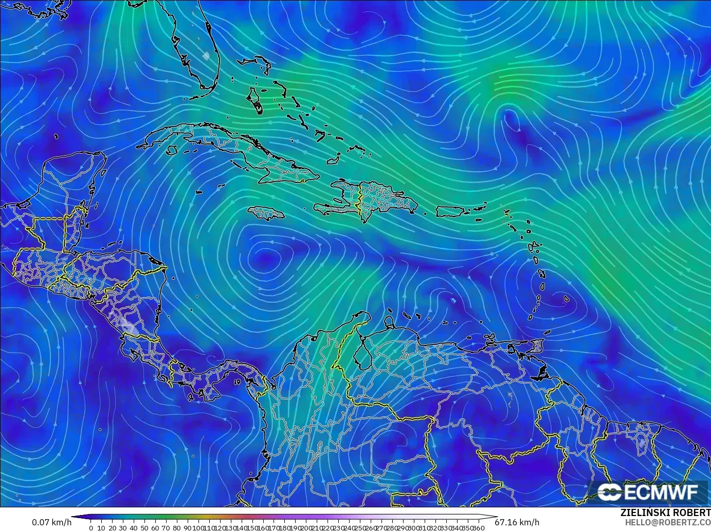 ECMWF IFS 0.25° modelo - Caribe, Viento a 300 hPa (corriente en chorro)