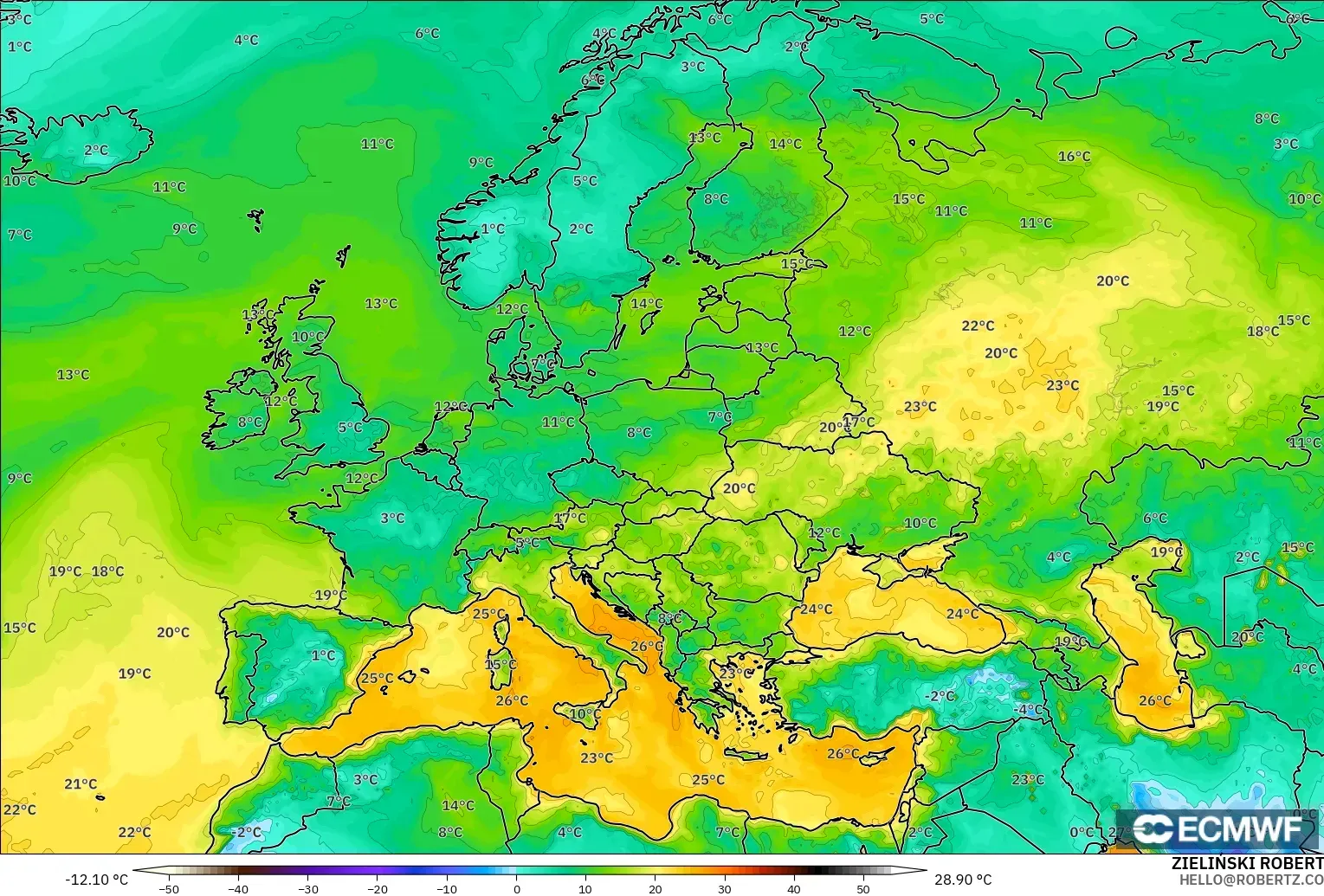 ECMWF IFS 0.25° modelo - Europa, Punto de rocío a 2 m