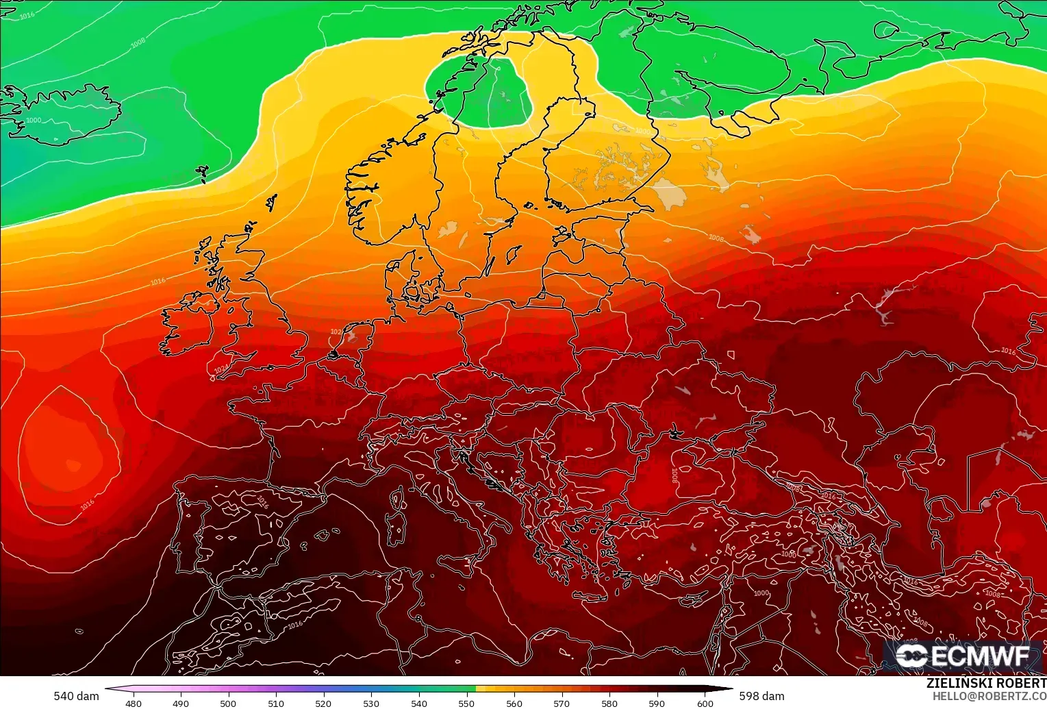 ECMWF IFS 0.25° modelo - Europa, Altura geopotencial a 500 hPa