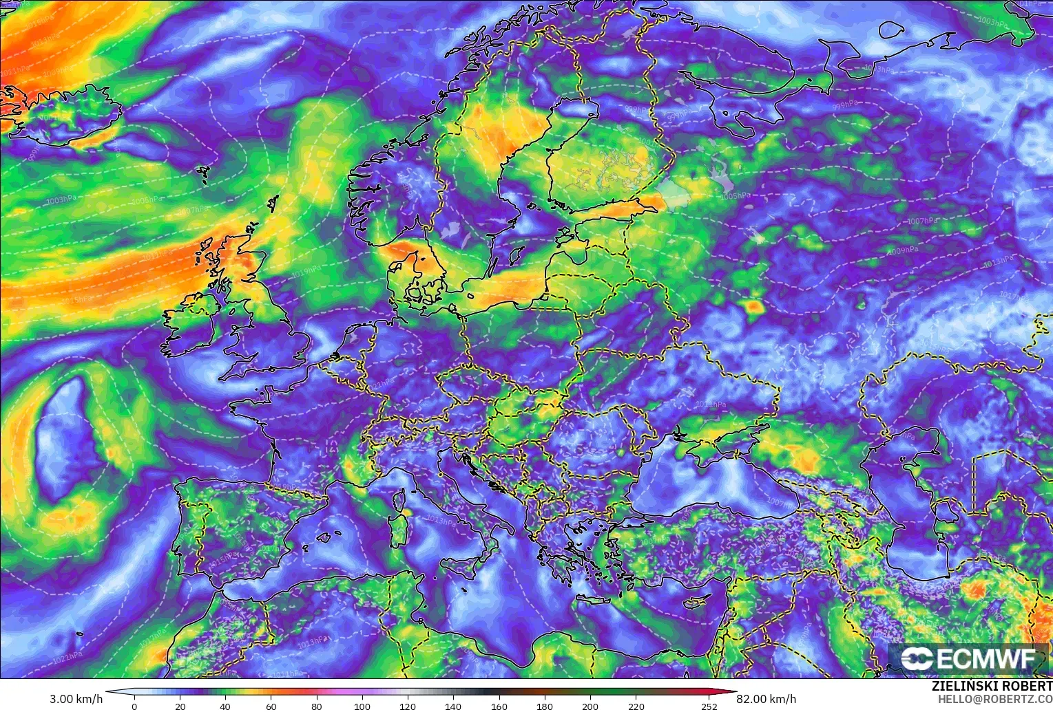 ECMWF IFS 0.25° modelo - Europa, Ráfagas de viento