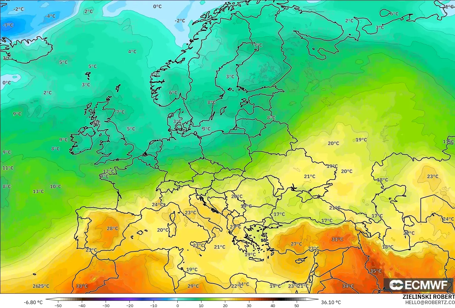 ECMWF IFS 0.25° modelo - Europa, Temperatura a 850 hPa