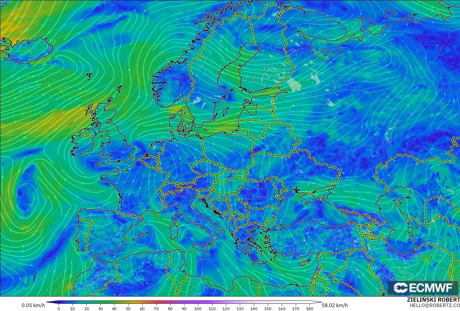 ECMWF IFS 0.25° modelo - Europa, Viento a 10 m
