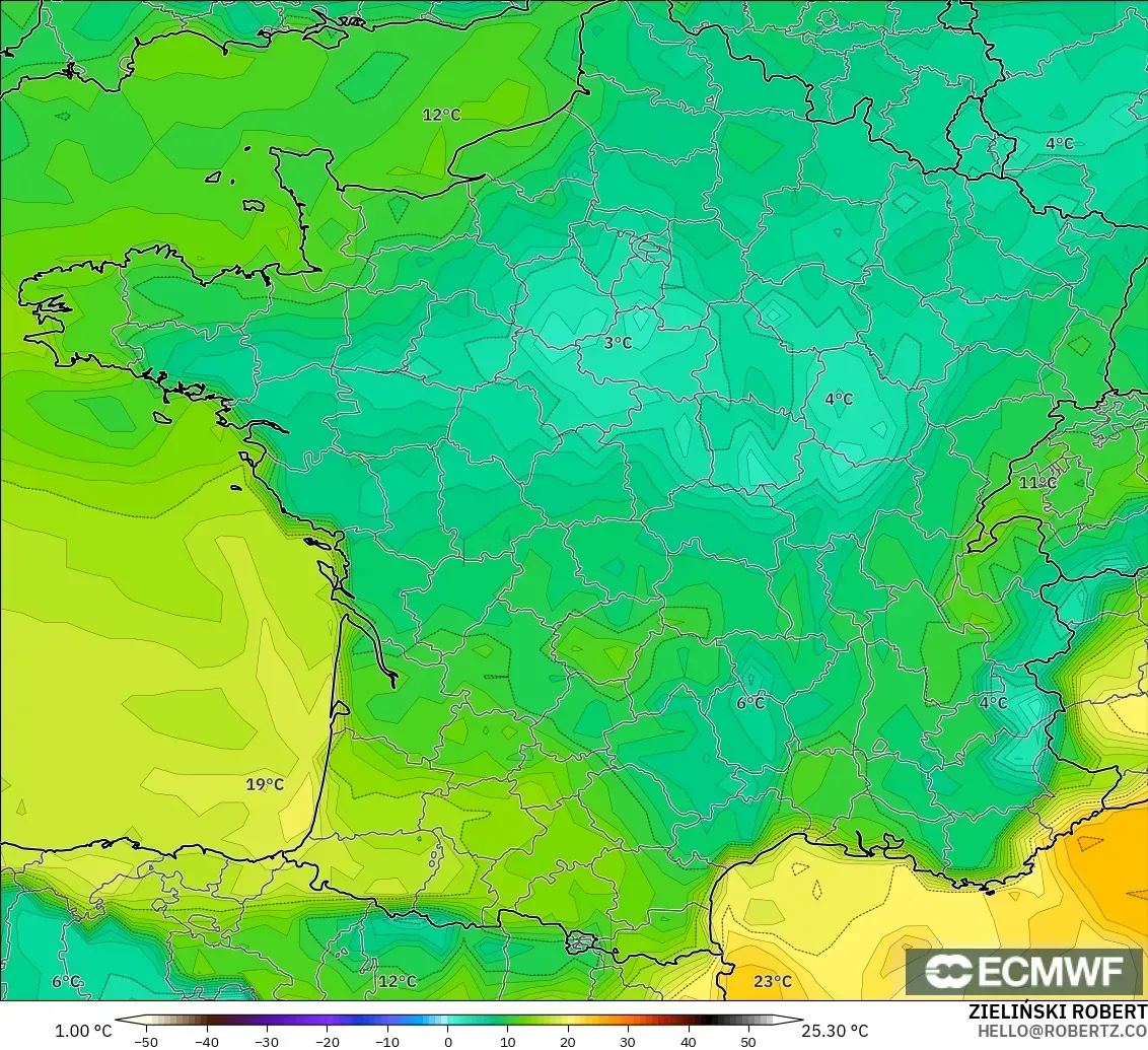 ECMWF IFS 0.25° modelo - Francia, Punto de rocío a 2 m